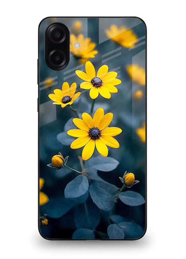 Yellow wildflower artwork on Samsung M13 5G glass back cover with rustic botanical tones.