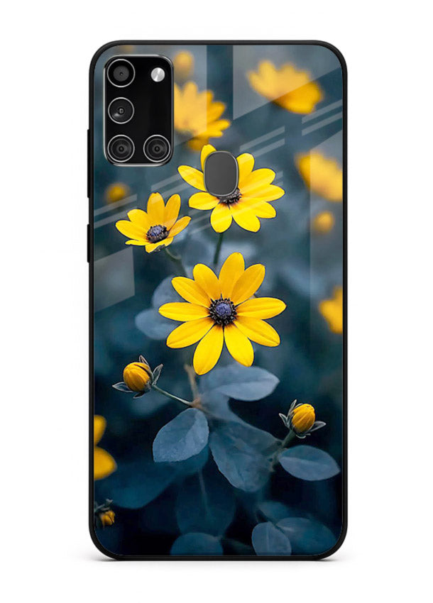 Yellow wildflower artwork on Samsung A21s glass back cover with rustic botanical tones.