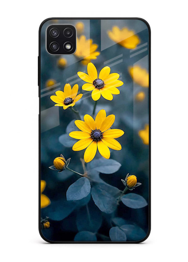 Yellow wildflower artwork on Samsung F42 5G glass back cover with rustic botanical tones.