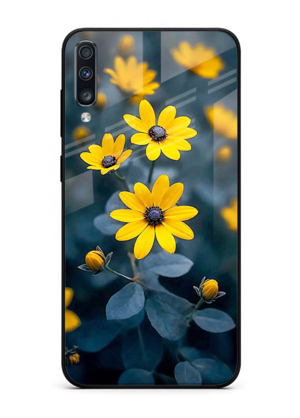 Yellow wildflower artwork on Samsung A50 glass back cover with rustic botanical tones.