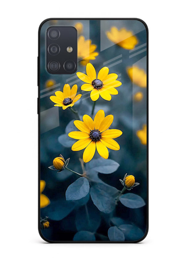 Yellow wildflower artwork on Samsung A71 glass back cover with rustic botanical tones.