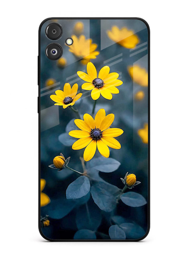 Yellow wildflower artwork on Samsung F14 5G glass back cover with rustic botanical tones.