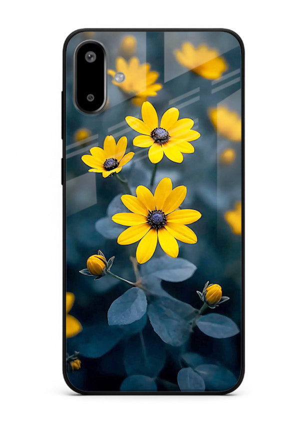 Yellow wildflower artwork on Samsung F06 5G glass back cover with rustic botanical tones.