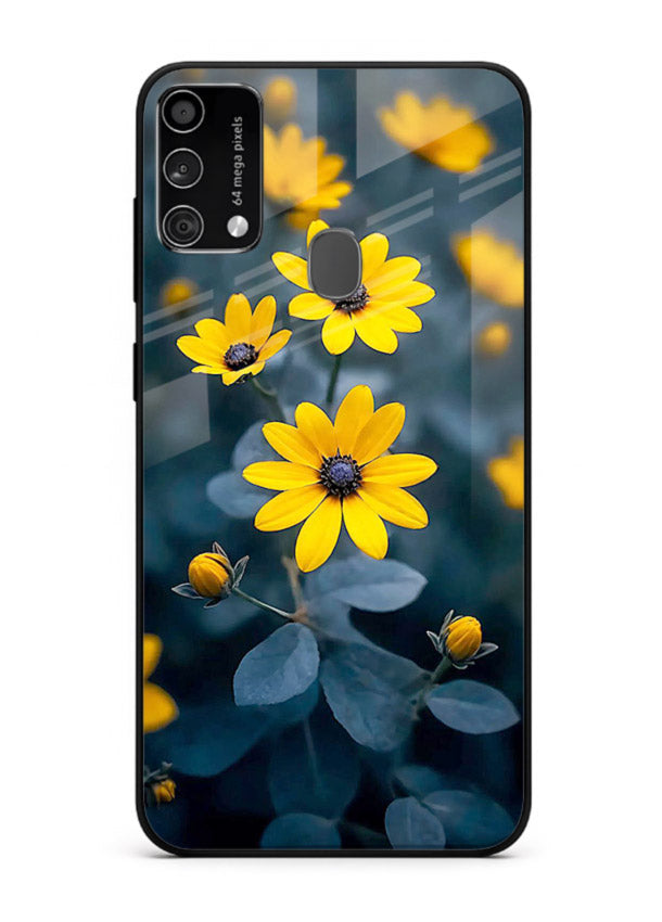 Yellow wildflower artwork on Samsung F41 glass back cover with rustic botanical tones.