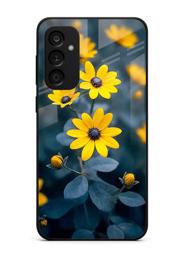 Yellow wildflower artwork on Samsung A34 5G glass back cover with rustic botanical tones.