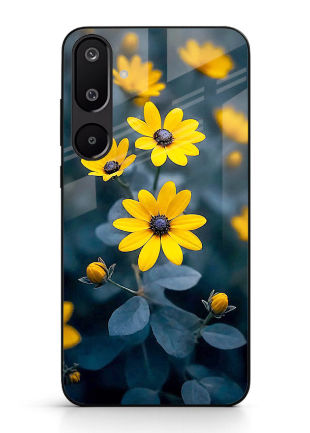 Yellow wildflower artwork on Samsung M16 5G glass back cover with rustic botanical tones.