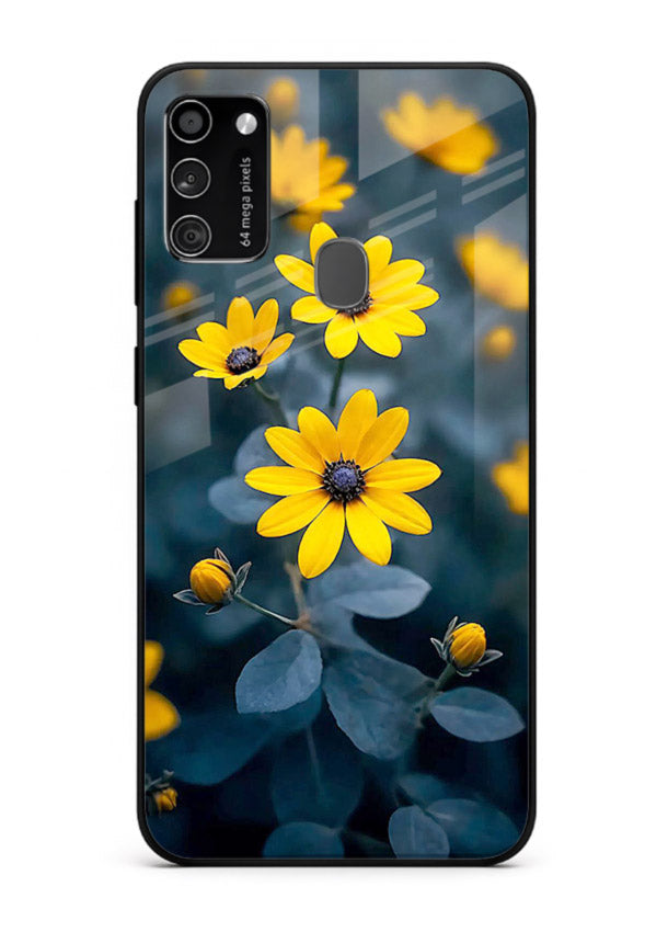 Yellow wildflower artwork on Samsung M30s glass back cover with rustic botanical tones.