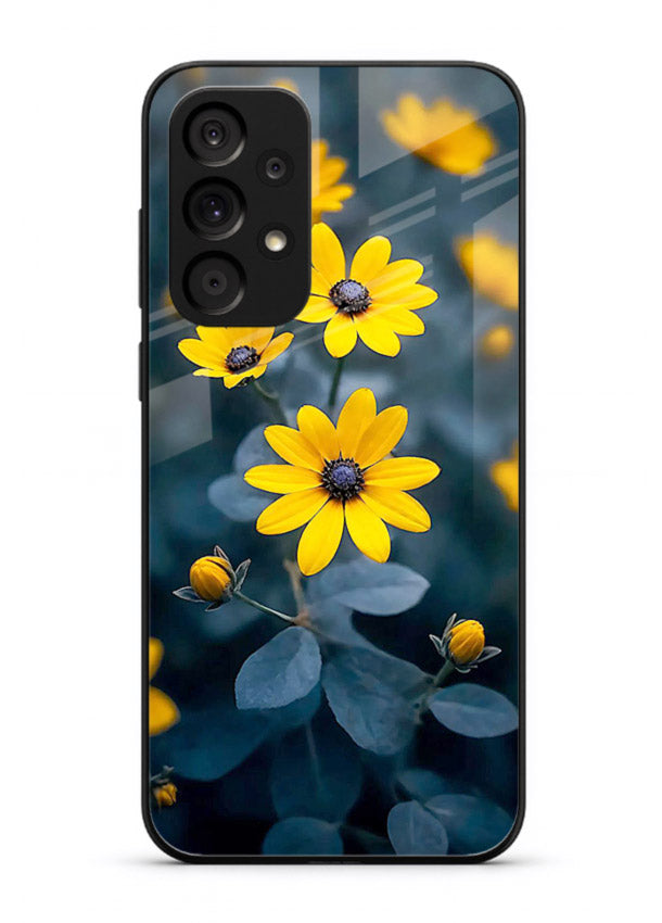 Yellow wildflower artwork on Samsung A33 5G glass back cover with rustic botanical tones.