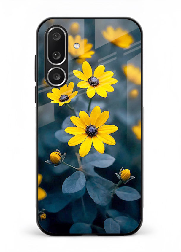 Yellow wildflower artwork on Samsung M56 5G glass back cover with rustic botanical tones.