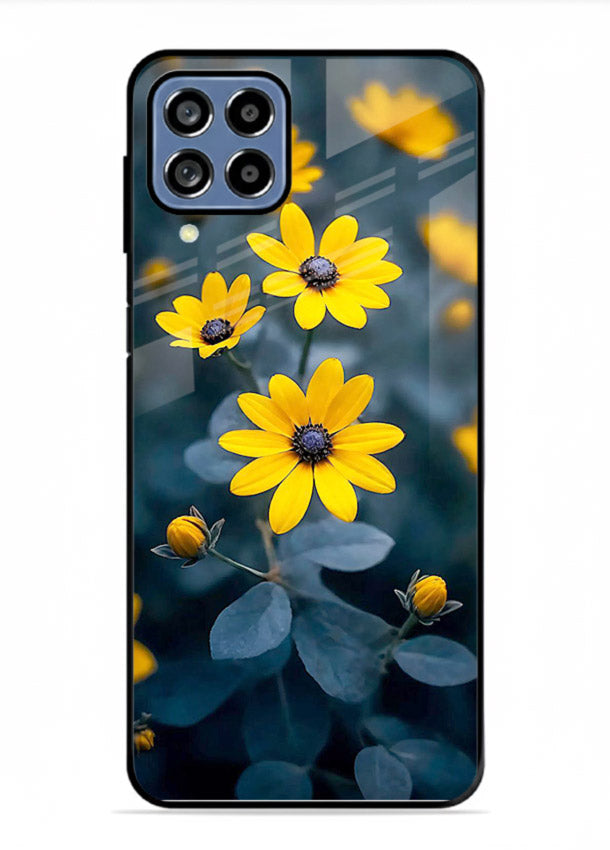 Yellow wildflower artwork on Samsung M53 5G glass back cover with rustic botanical tones.