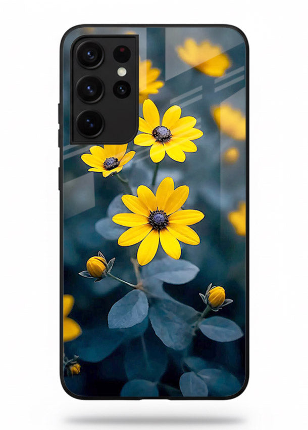 Yellow wildflower artwork on Samsung S21 Ultra glass back cover with rustic botanical tones.