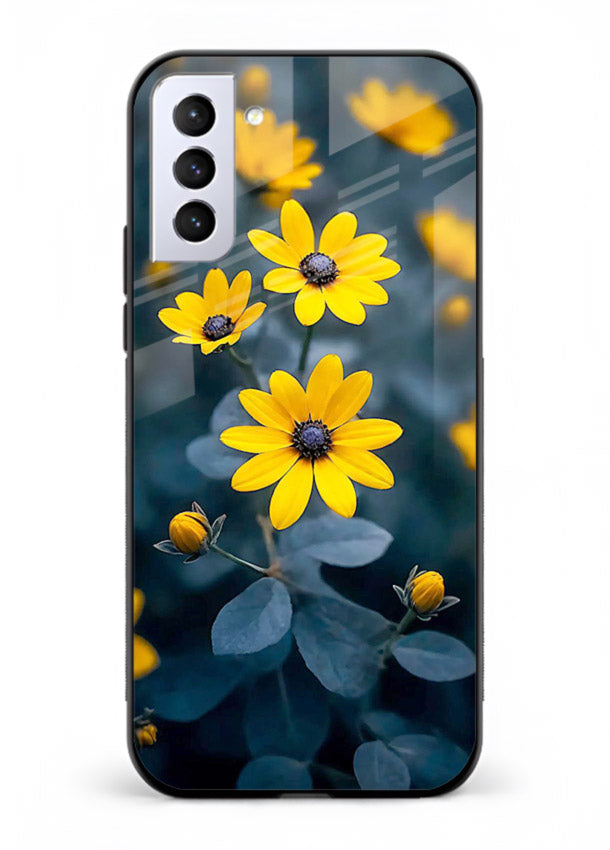 Yellow wildflower artwork on Samsung S21 Plus glass back cover with rustic botanical tones.