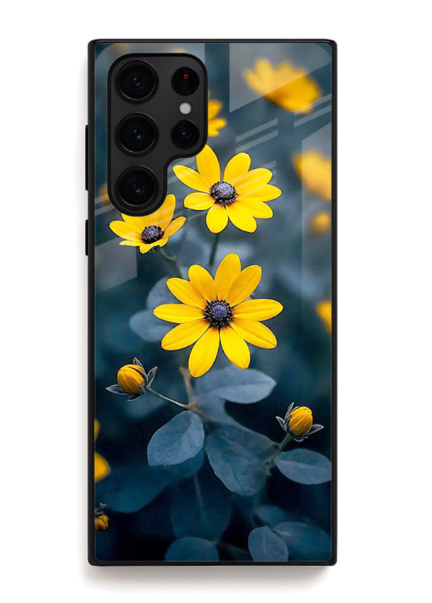 Yellow wildflower artwork on Samsung S22 Ultra glass back cover with rustic botanical tones.