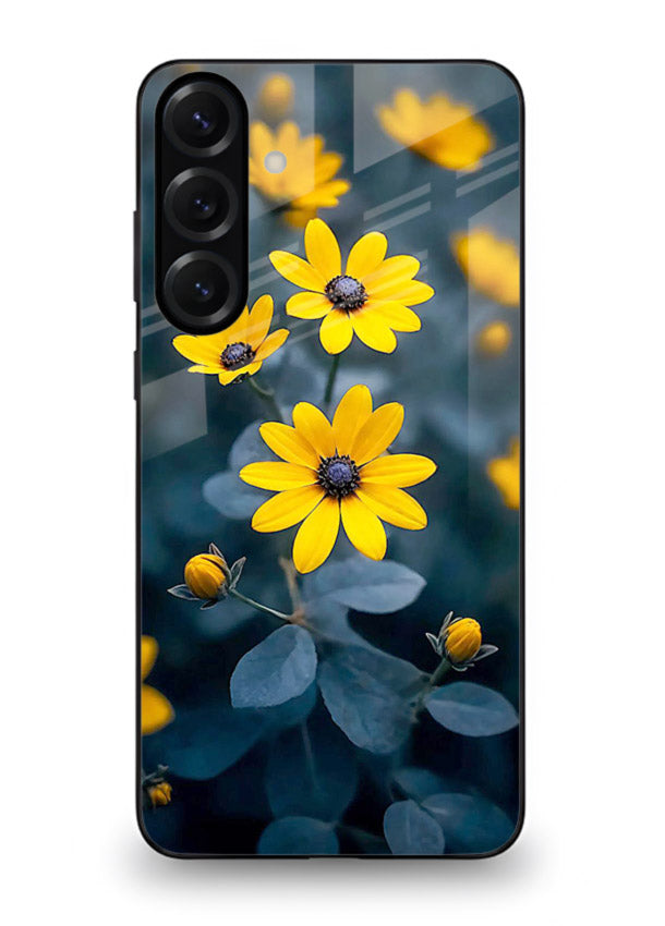 Yellow wildflower artwork on Samsung A36 5G glass back cover with rustic botanical tones.