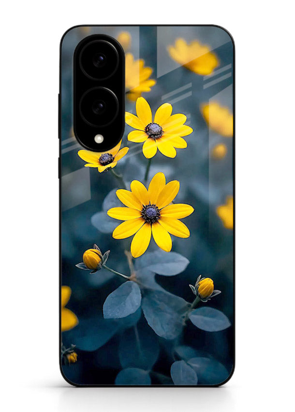 Yellow wildflower artwork on Samsung S25 Edge glass back cover with rustic botanical tones.