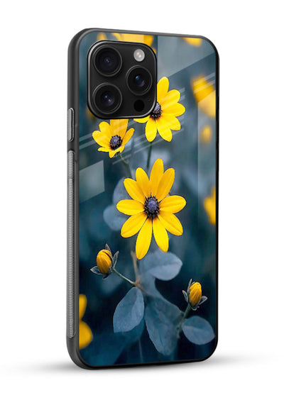 Yellow wildflower artwork on glossy vibrant premium glass back cover with rustic botanical tones. - Angle Side