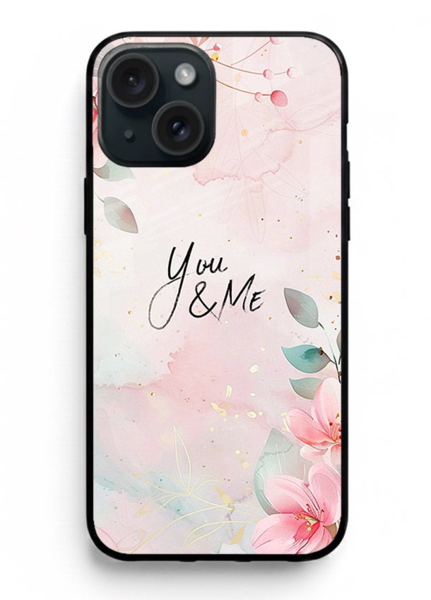 Floral unity artwork printed on iphone 15 plus glass back cover with soft tones.