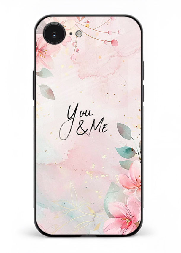 Floral unity artwork printed on iphone 16e glass back cover with soft tones.