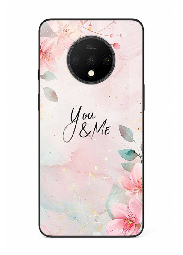Floral unity artwork printed on OnePlus 7T glass back cover with soft tones.