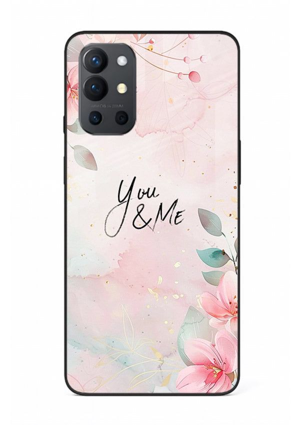 Floral unity artwork printed on OnePlus 9R glass back cover with soft tones.