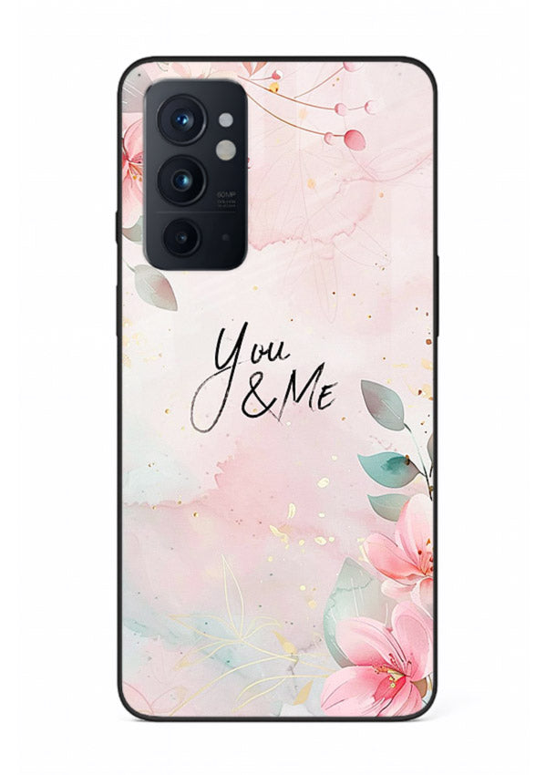 Floral unity artwork printed on OnePlus 9RT glass back cover with soft tones.