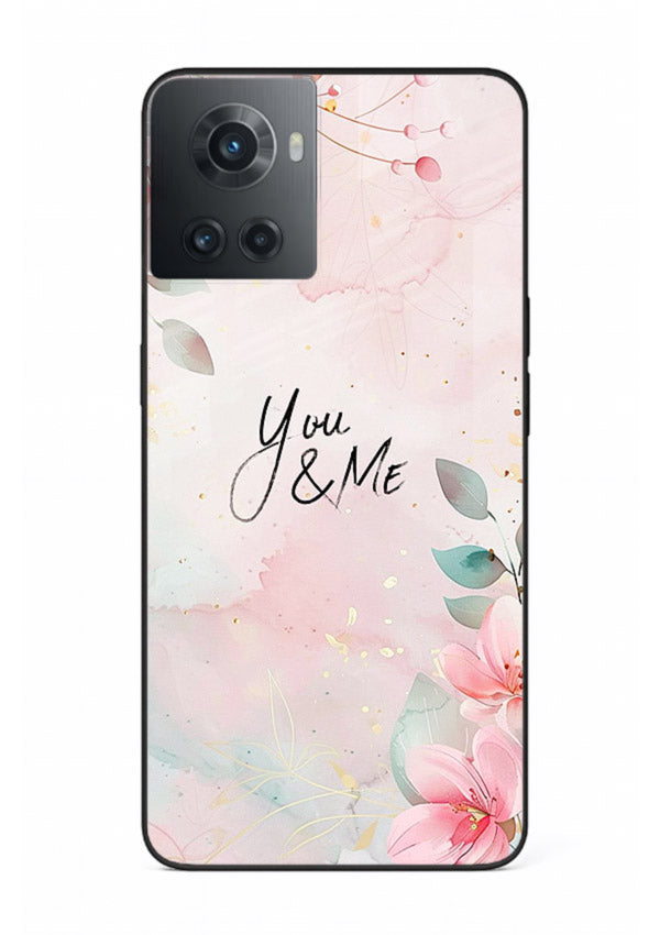 Floral unity artwork printed on OnePlus 10R glass back cover with soft tones.