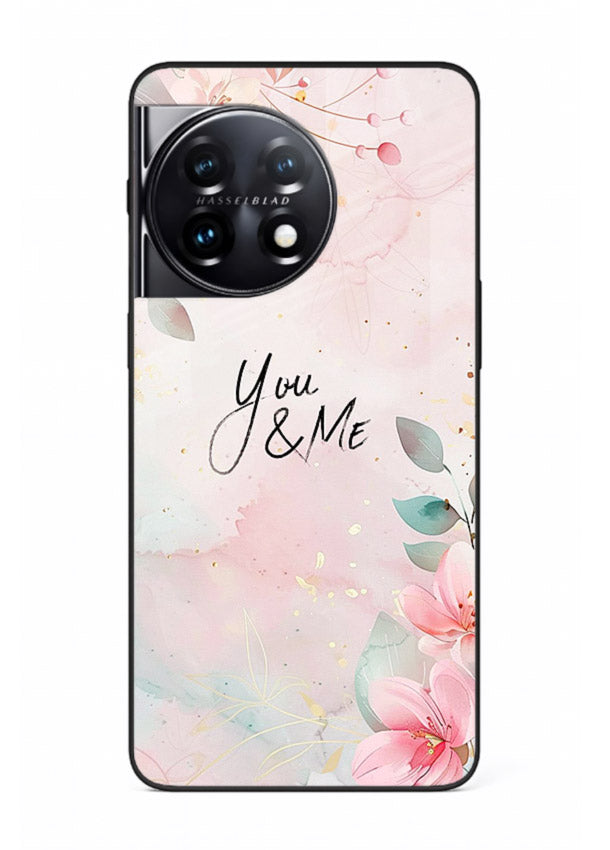 Floral unity artwork printed on OnePlus 11R glass back cover with soft tones.