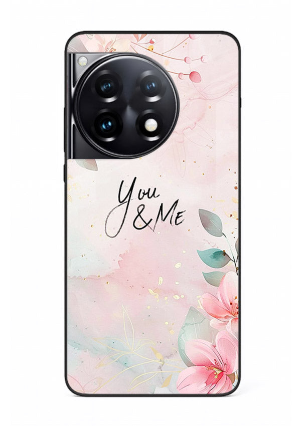 Floral unity artwork printed on OnePlus 12R glass back cover with soft tones.