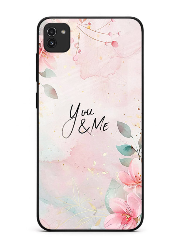 Floral unity artwork printed on Samsung A03 glass back cover with soft tones.