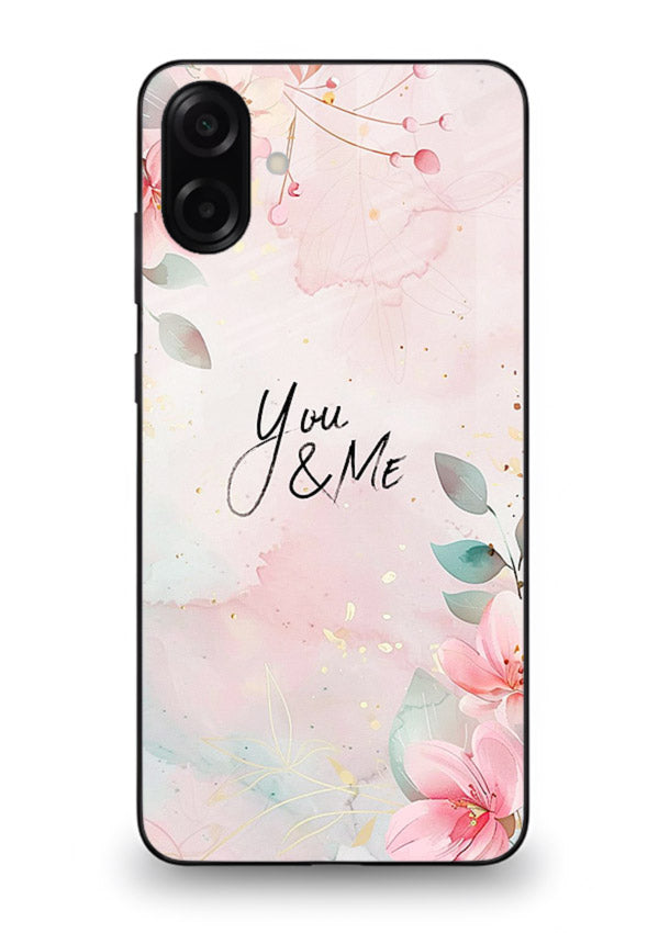 Floral unity artwork printed on Samsung A07 4G glass back cover with soft tones.