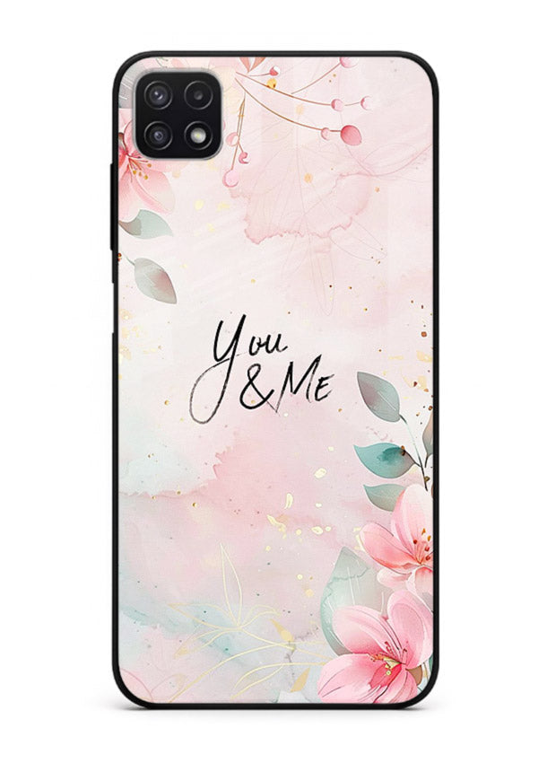 Floral unity artwork printed on Samsung F42 5G glass back cover with soft tones.