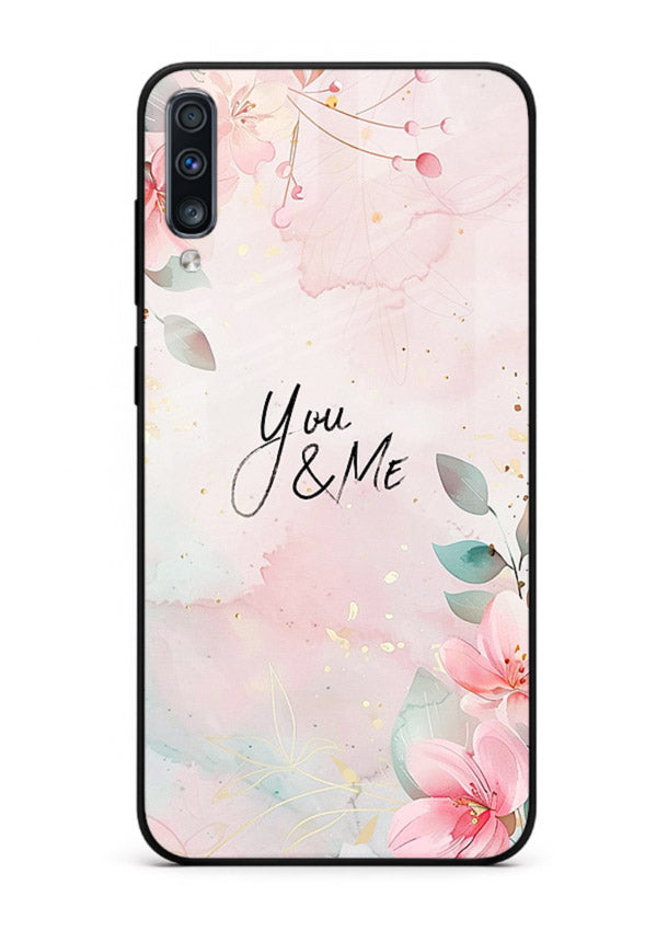 Floral unity artwork printed on Samsung A50 glass back cover with soft tones.