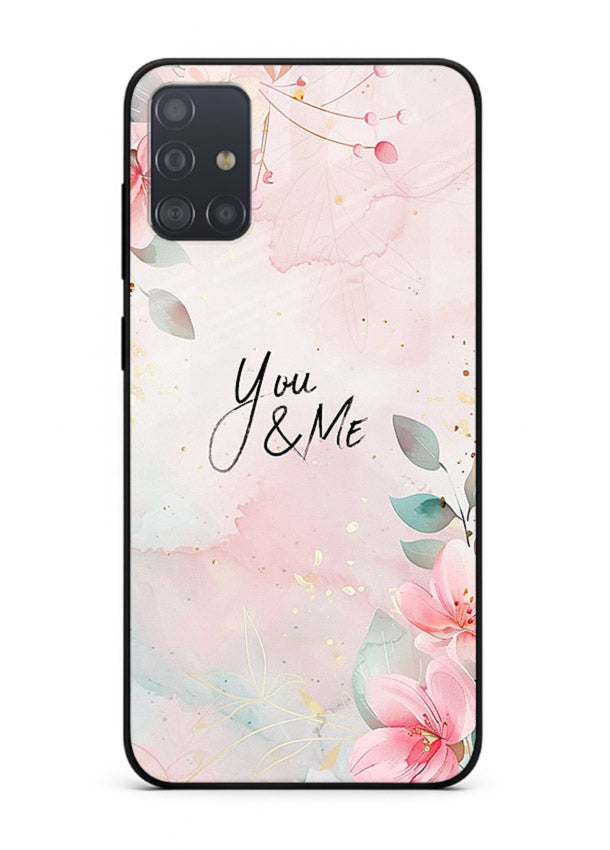 Floral unity artwork printed on Samsung A51 glass back cover with soft tones.