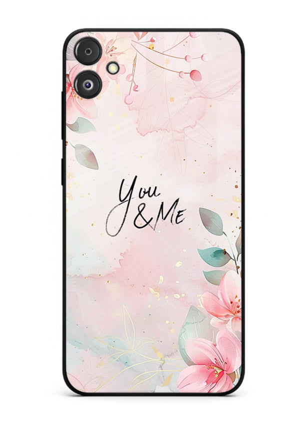 Floral unity artwork printed on Samsung F05 5G glass back cover with soft tones.