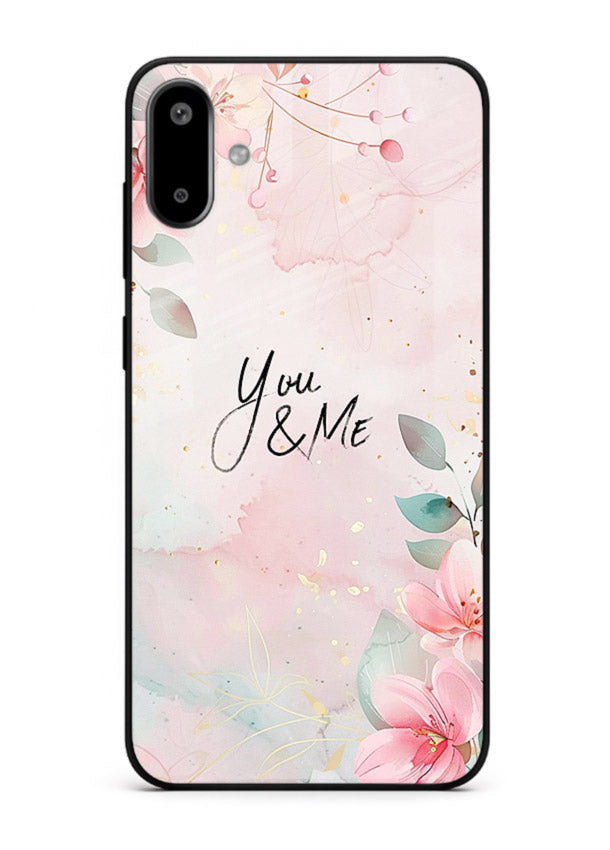 Floral unity artwork printed on Samsung F06 5G glass back cover with soft tones.