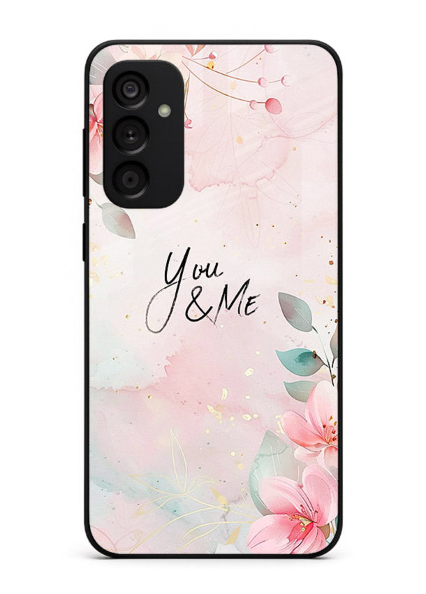Floral unity artwork printed on Samsung A14 5G glass back cover with soft tones.