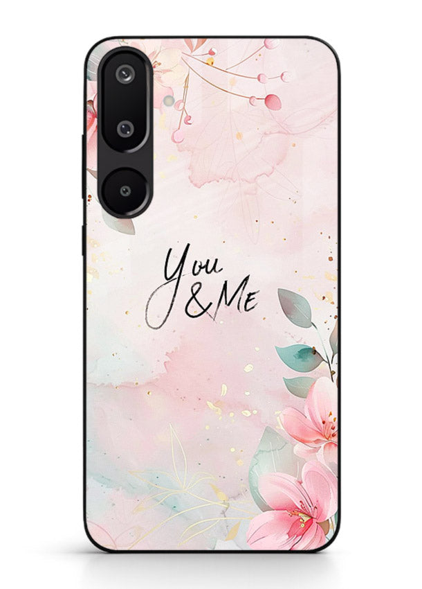 Floral unity artwork printed on Samsung M16 5G glass back cover with soft tones.