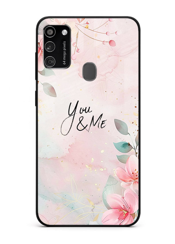 Floral unity artwork printed on Samsung M30s glass back cover with soft tones.