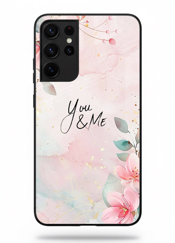 Floral unity artwork printed on Samsung S21 Ultra glass back cover with soft tones.