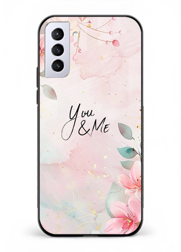 Floral unity artwork printed on Samsung S21 FE glass back cover with soft tones.