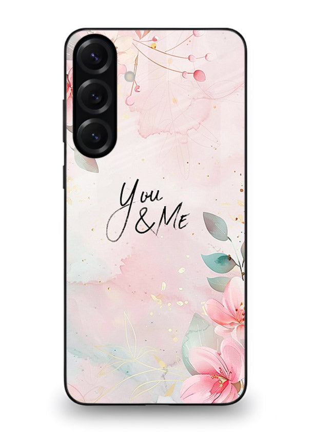 Floral unity artwork printed on Samsung S23 FE glass back cover with soft tones.