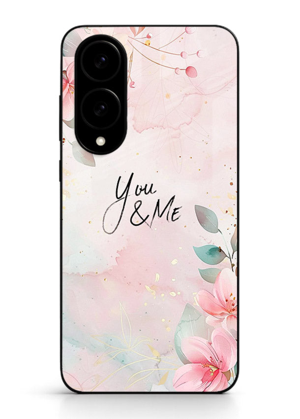 Floral unity artwork printed on Samsung S25 Edge glass back cover with soft tones.