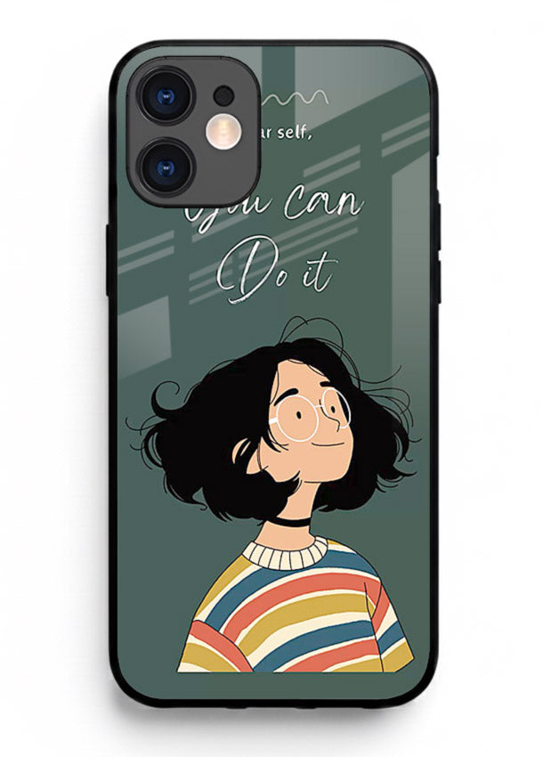 Confident girl illustration printed on iphone 12 mini glass back cover with bright tones.