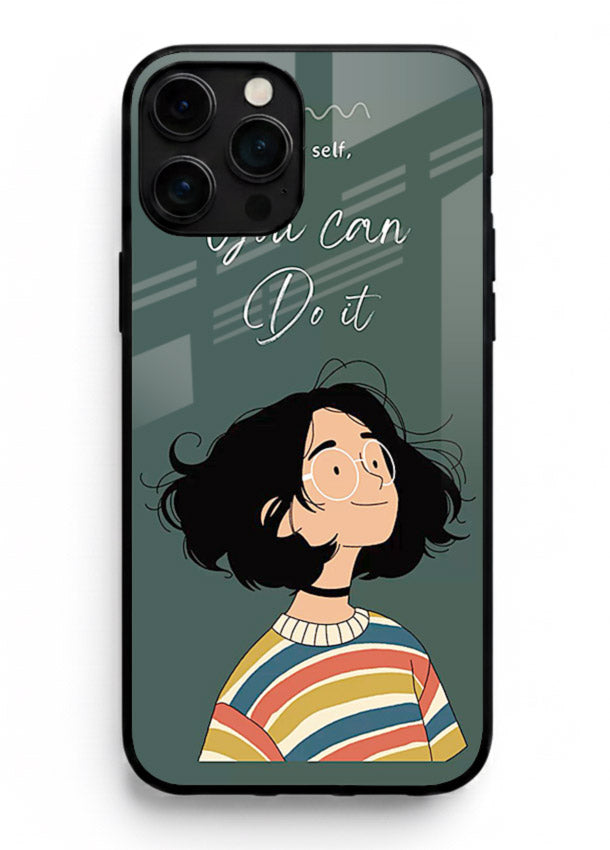 Confident girl illustration printed on iphone 16 pro max glass back cover with bright tones.