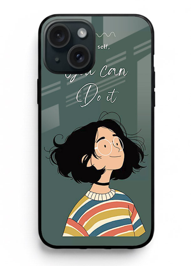 Confident girl illustration printed on iphone 15 plus glass back cover with bright tones.