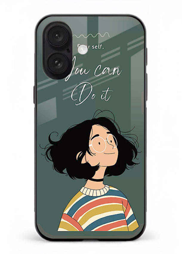 Confident girl illustration printed on iphone 17 glass back cover with bright tones.