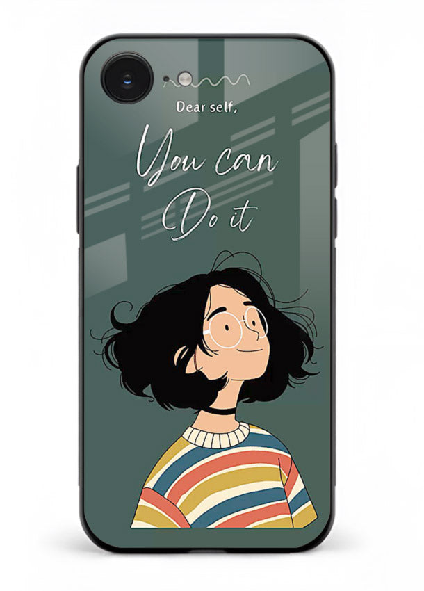 Confident girl illustration printed on iphone 16e glass back cover with bright tones.