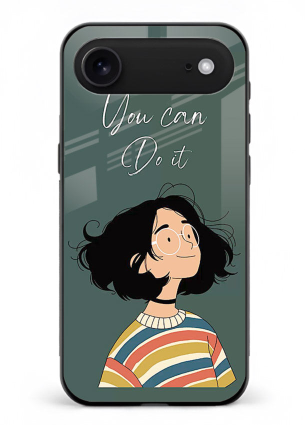 Confident girl illustration printed on iphone 18 air glass back cover with bright tones.
