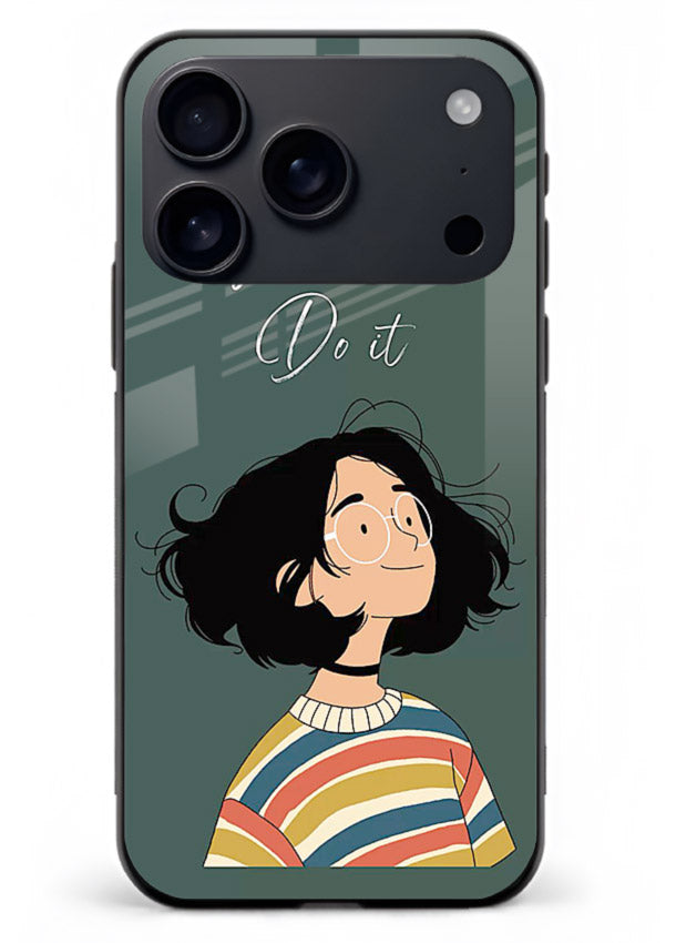 Confident girl illustration printed on iphone 18 pro max glass back cover with bright tones.