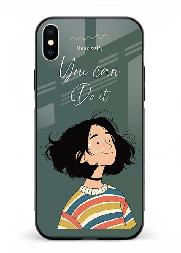 Confident girl illustration printed on iphone xs max glass back cover with bright tones.